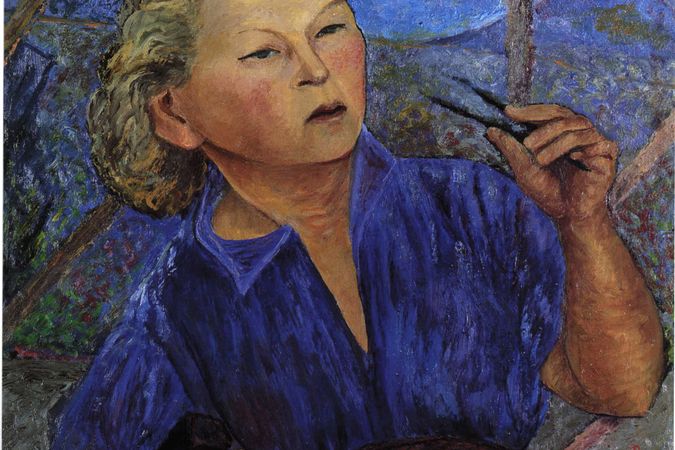 Self-portrait in blue overalls