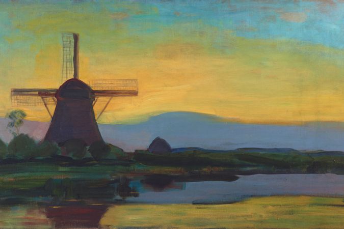 Moulin Oostzijdse avec ciel bleu, jaune et violet