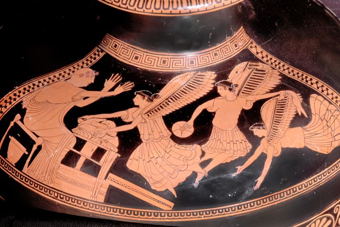 Kalpis à figures rouges avec des harpies à la cour de Phineus