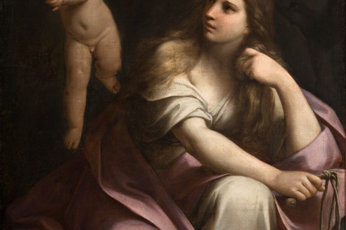 Büßende Magdalena mit fliegendem Engel, der die Dornenkrone hält