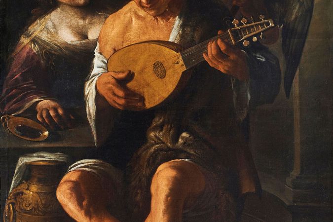 Mondone playing the lute with woman and Cupid waiting