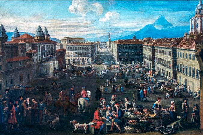 Blick auf die Piazza Castello auf der Achse der Contrada Nuova in Turin