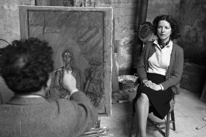 Der Künstler Alberto Giacometti zeichnet seine Frau Annette. Paris, Frankreich