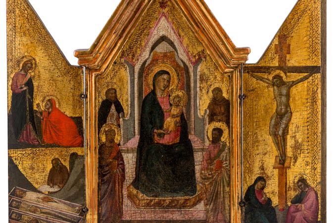 Thronende Madonna mit Kind und vier Heiligen