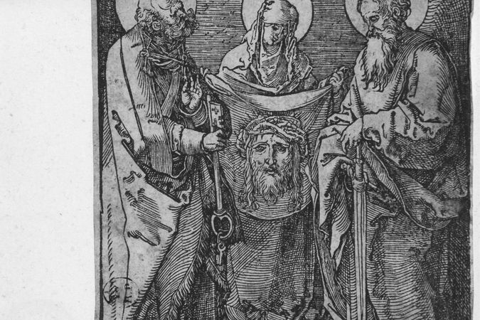 Verónica mostrando el velo de la Santa Faz entre los apóstoles Pedro y Pablo