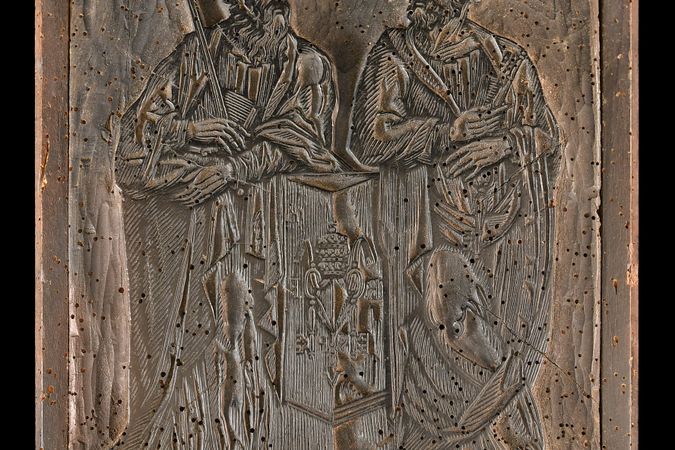 Matrice en bois avec les armoiries de la Fabbrica di San Pietro et les figures des apôtres Pierre et Paul