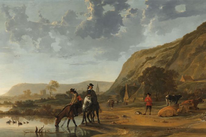 River landscape with horsemen