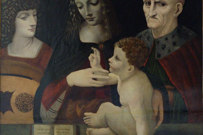 Die Madonna mit Kind zwischen dem Heiligen Josef und einem Engel, der die Mandola spielt