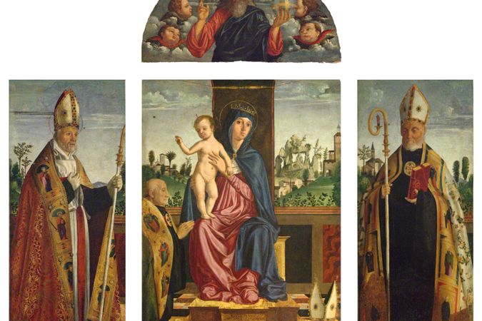 Thronende Madonna mit Kind zwischen den Heiligen Benedikt und Cyprian