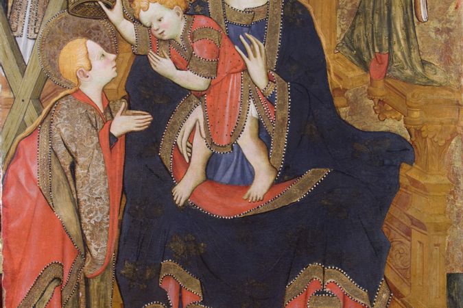 Thronende Madonna mit Kind krönt die heilige Eulalia