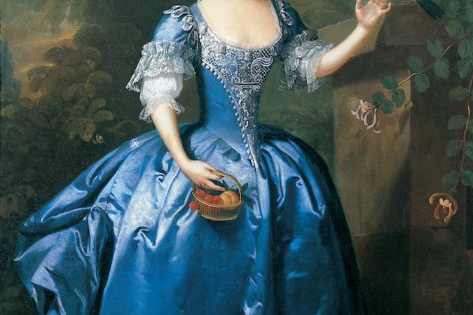 Portrait of a girl dressed in blue, with a parrot in a palatial garden