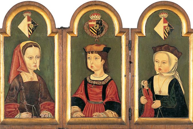 Das Stoneleigh-Triptychon, Porträt von Charles V, Kind und seinen Schwestern Eleonora und Isabel