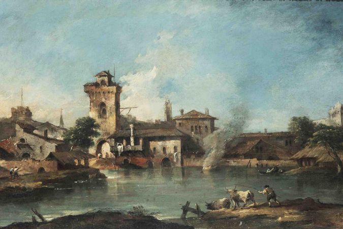 Capriccio with rustic tower and sailing ships