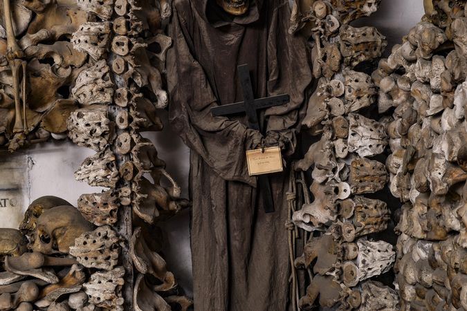 Bones and skeletons of Capuchin friars in the crypt of Santa Maria della Concezione in Rome