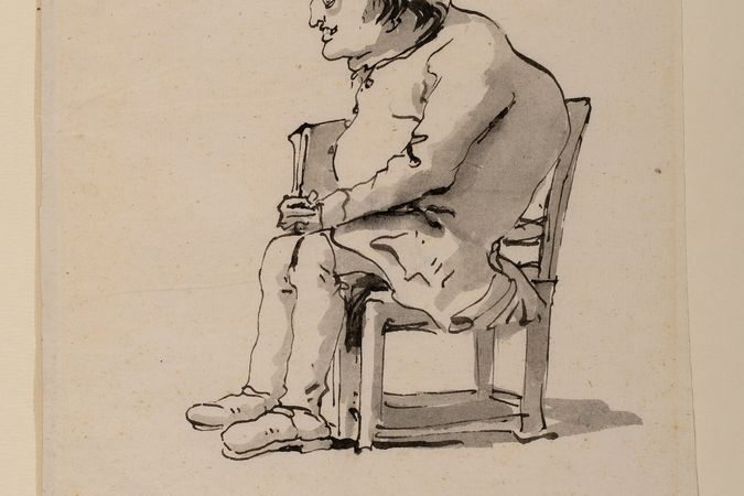 Caricature of hunchbacked man with glasses, seated and in profile, holding a book