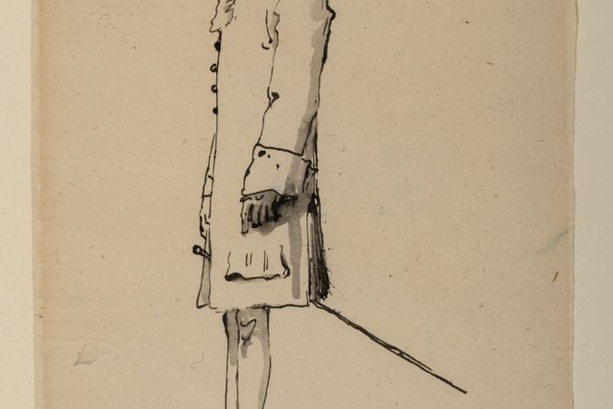 Caricatura de hombre delgado de pie y de perfil, con tricornio y espada