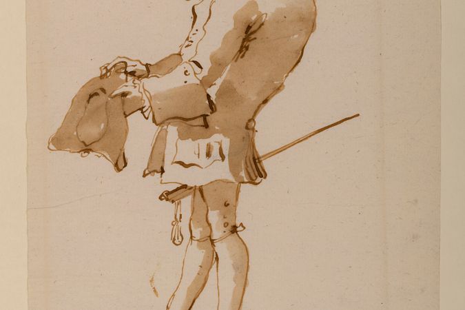 Karikatur eines buckligen Mannes stehend und im Profil, mit Dreispitz in der Hand und Schwert