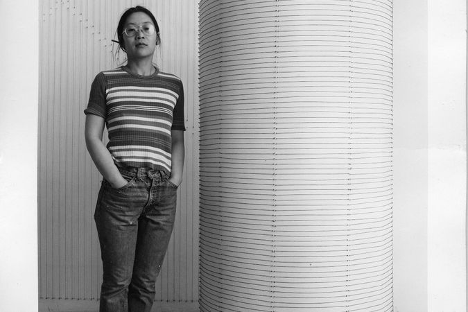 Kazuko Miyamoto standing by String around a cylinder of my height
