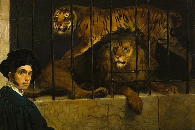 Un león y un tigre en una jaula con el retrato del pintor.