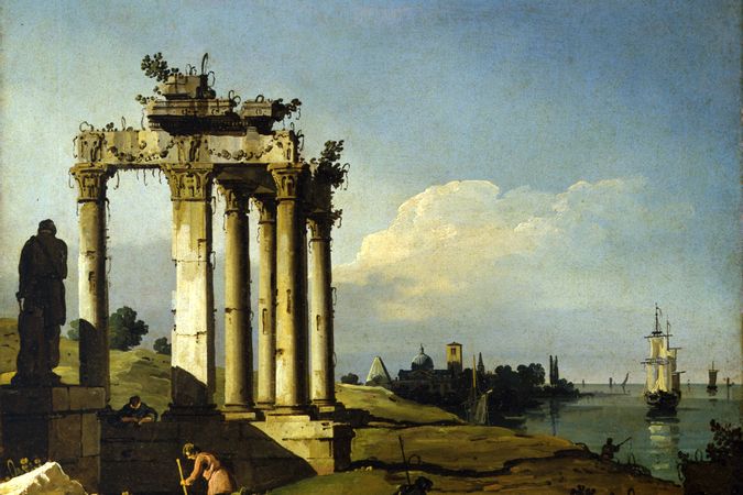Capriccio mit römischen Tempelruinen an der Lagune