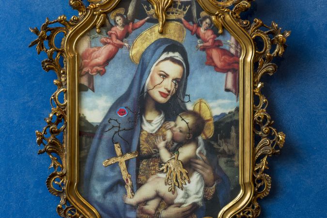 Portrait of Paulina Porizkova as a Renaissance Madonna with Holy Child crying Salvador Dalì's jewels