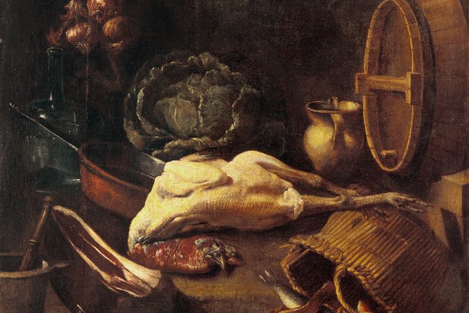 Kitchen interior with plucked turkey and bag with fish