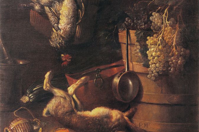 Stillleben mit Hase, Bottich, Weintrauben und Einkaufstüte mit Hühnern