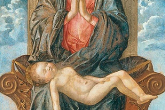 Virgen en trono adorando al Niño dormido.