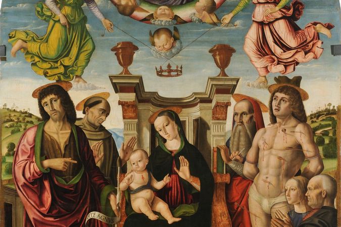 Madonna and Child Enthroned and Saints John the Baptist, Francis of Assisi, Girolamo, Sebastiano and the Buffi family (Buffi altarpiece)