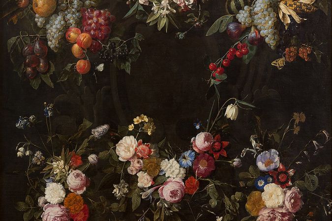 Flachrelief mit einer Girlande aus Blumen und Früchten