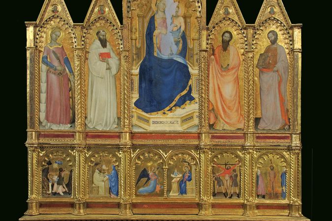 La Virgen y el Niño con los santos Francisco, Bartolomé, Bernabé y Catalina Relatos de la vida de los santos Episodios de la vida y pasión de Cristo