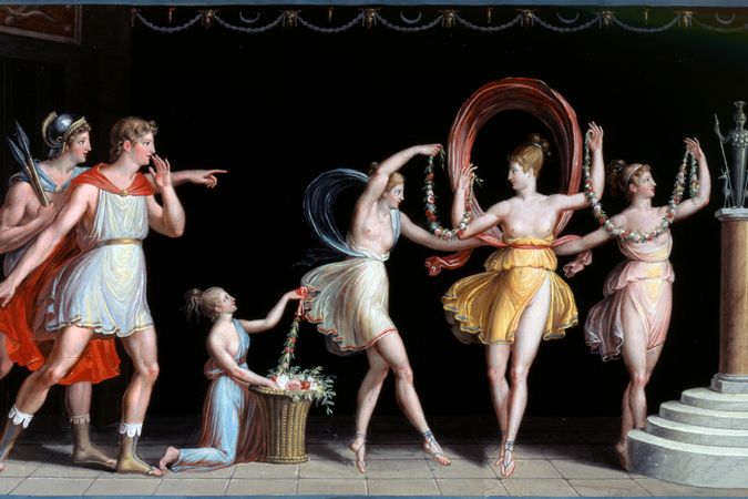 Theseus und Piritoo im Tempel von Diana Ortia sehen Diana zwischen zwei Tänzern tanzen