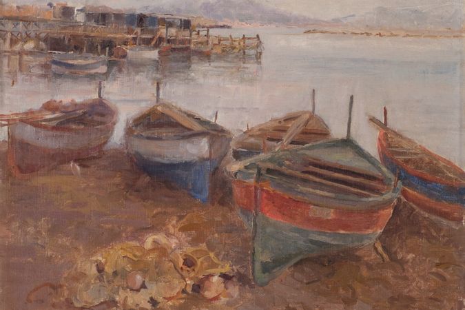 Boote im Hafen mit Vesuv