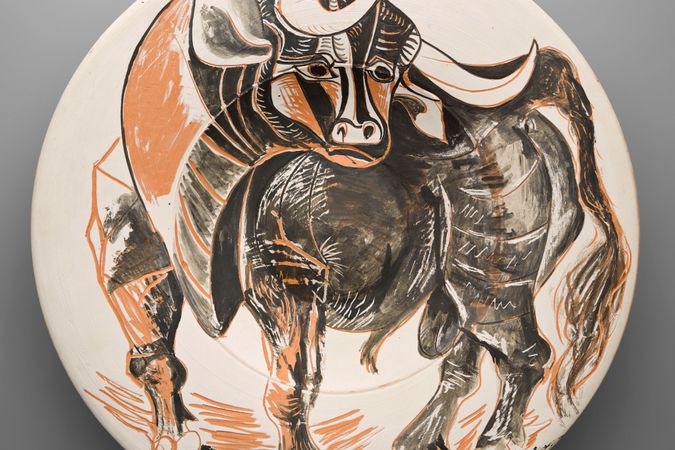 Plate painted with a bull