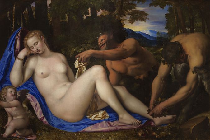 Vénus et Cupidon avec deux satyres dans le paysage
