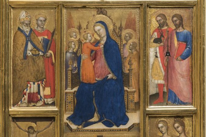 Polyptychon mit Madonna und Kind mit Heiligen