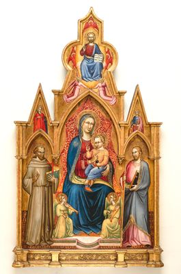 Thronende Madonna mit Kind zwischen zwei musizierenden Engeln und dem heiligen Franziskus von Assisi und dem heiligen Jakobus