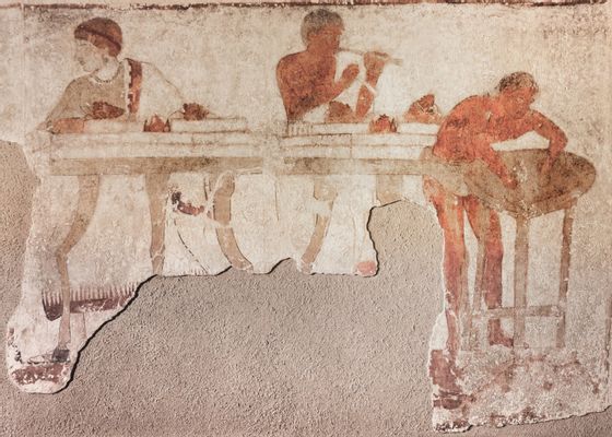 Wandmalerei aus dem Grab von Golini I: Zubereitung von Speisen