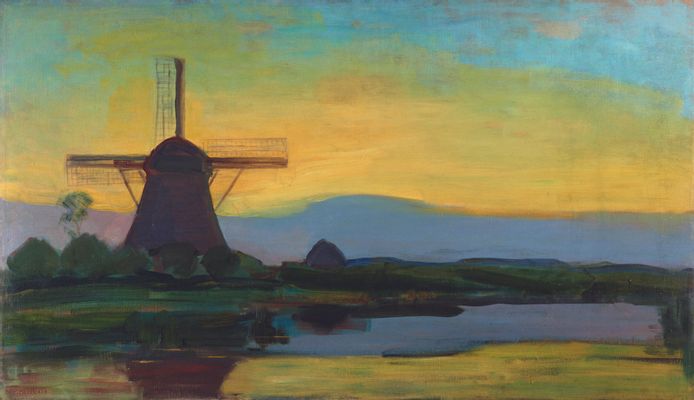 Moulin Oostzijdse avec ciel bleu, jaune et violet