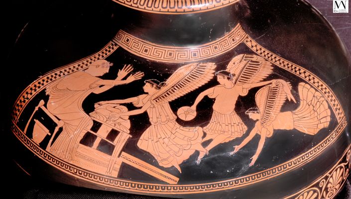 Kalpis mit roten Figuren mit Harpyien am Hofe des Phineus