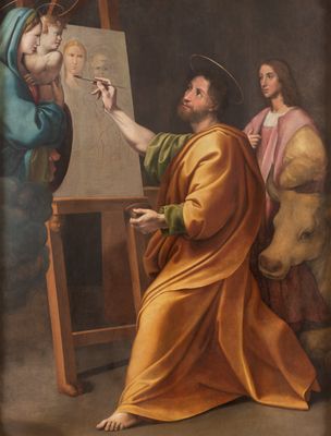 San Luca malt die Jungfrau in Anwesenheit Raffaels