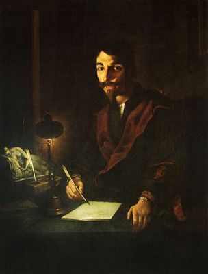 Portrait of a man writing by the light of a lamp (self-portrait?)