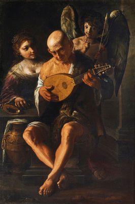 Mondone playing the lute with woman and Cupid waiting