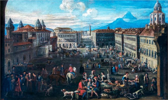 Blick auf die Piazza Castello auf der Achse der Contrada Nuova in Turin