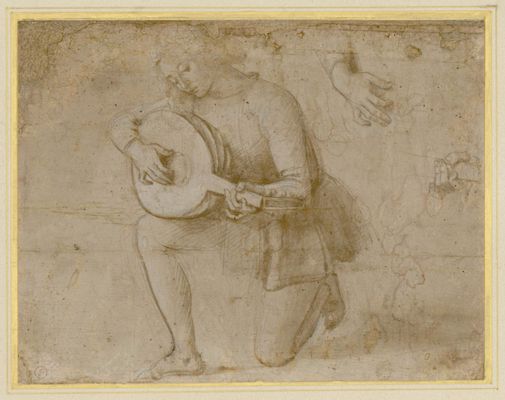 Young man playing the lute and studying details of his hands