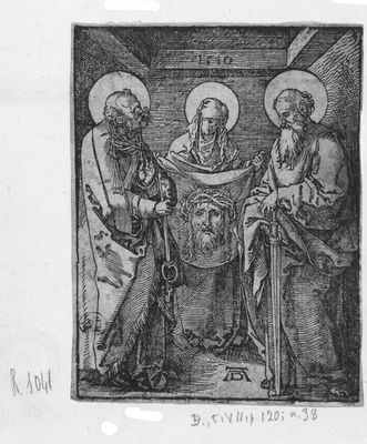 Veronica showing the veil of the Holy Face between the apostles Peter and Paul