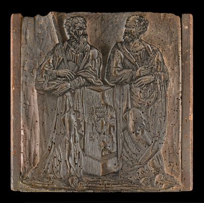 Matrice in legno con stemma della Fabbrica di San Pietro e figure degli apostoli Pietro e Paolo