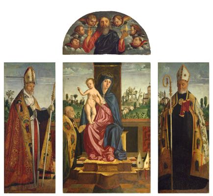 Enthroned Madonna and Child between Saints Benedict and Cyprian