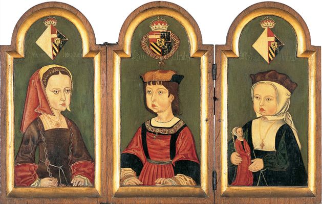 Das Stoneleigh-Triptychon, Porträt von Charles V, Kind und seinen Schwestern Eleonora und Isabel