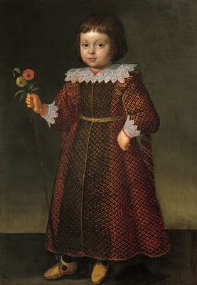  Portrait d'un garçon tenant une canne et deux fleurs